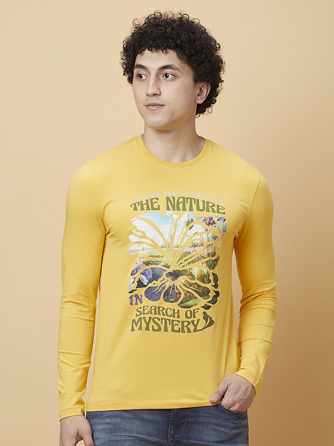 

Being Human Men Biker Printed Raw Edge T-shirt, Yellow