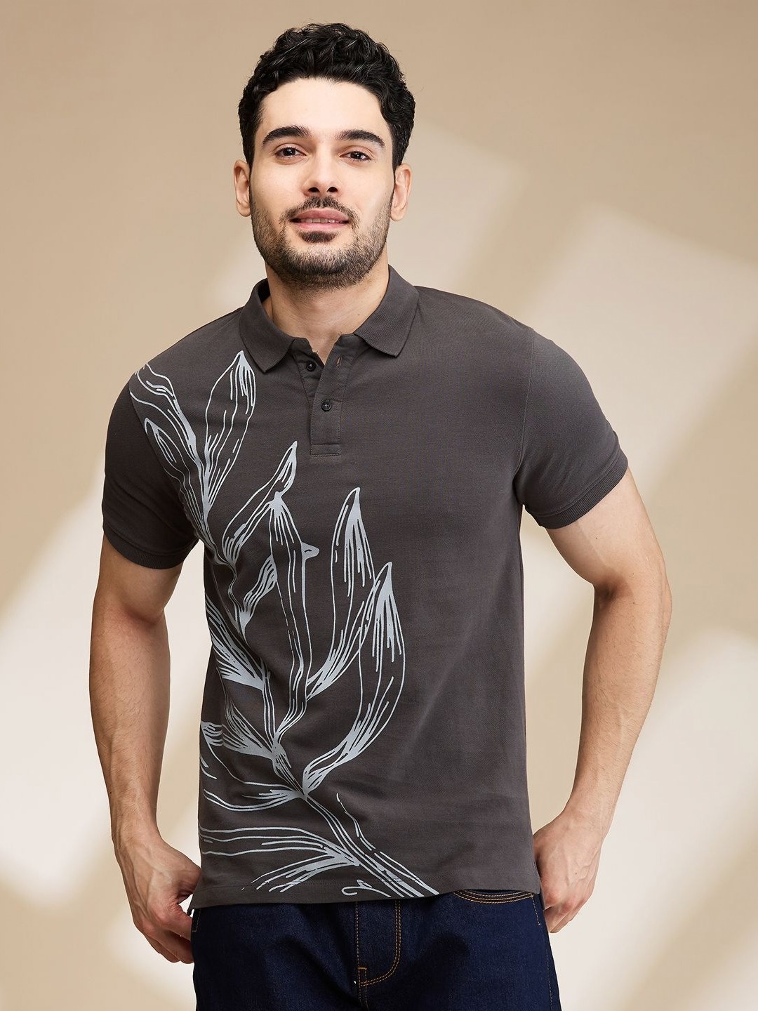 

Being Human Men Printed Polo Collar Pockets T-shirt, Grey