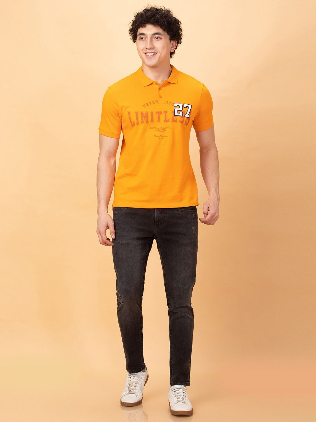 

Being Human Men Typography Printed Polo Collar Applique T-shirt, Orange