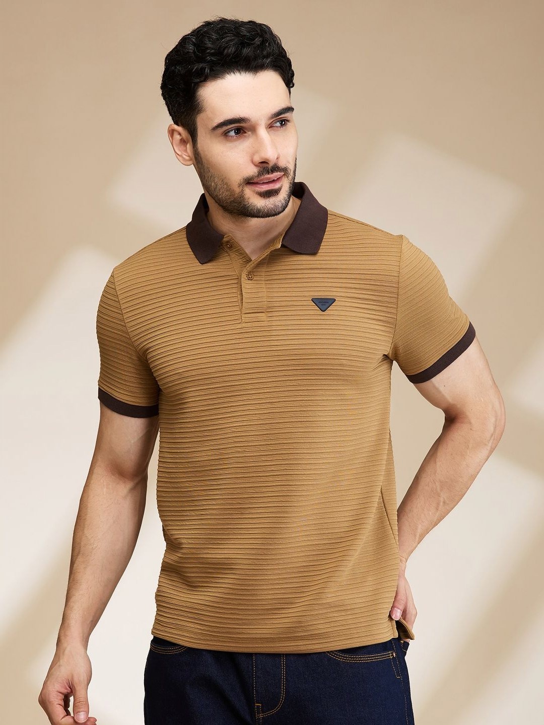 

Being Human Men Striped Polo Collar Applique T-shirt, Brown