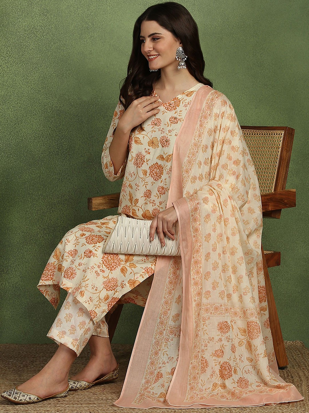 

Sangria Printed & Embroidered Pure Cotton Straight Kurta With Trouser & Dupatta Set, Off white
