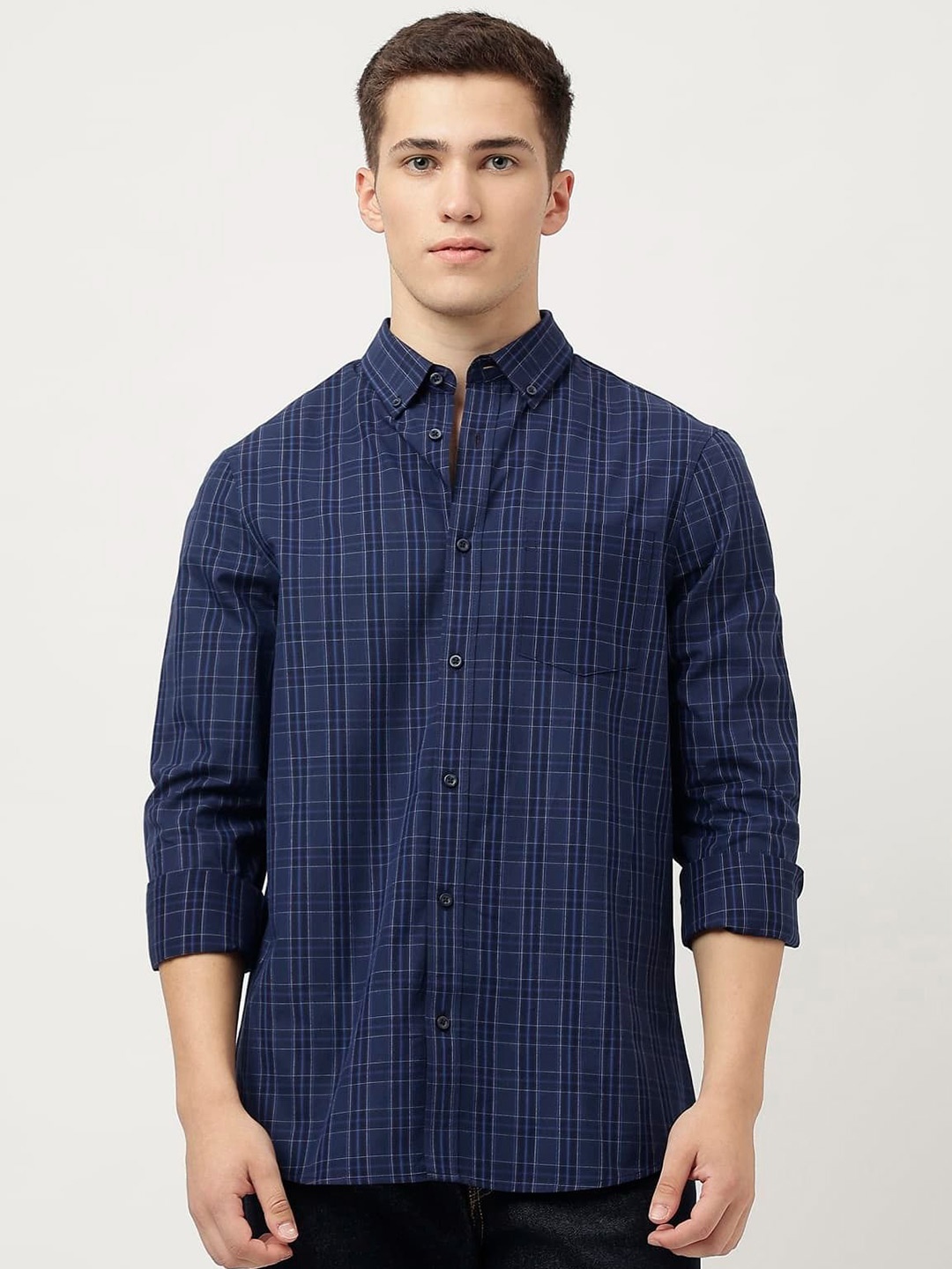 

Marks & Spencer Men Grid Tattersall Checks Opaque Checked Casual Shirt, Navy blue