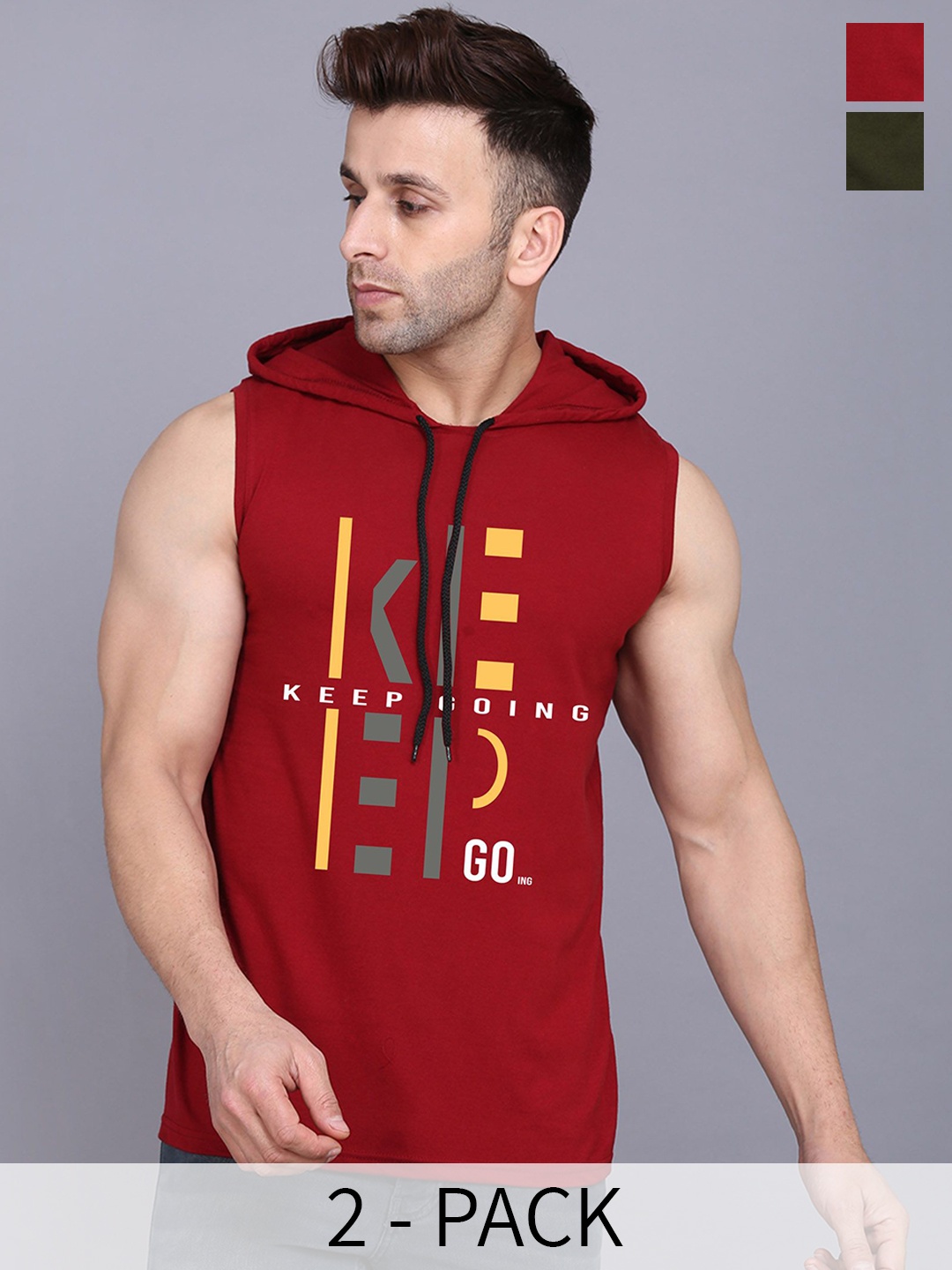 

SLOWLORIS Pack Of 2 Printed Hooded Gym Vest SL28 COMBO (KEEP MAROON) (LOUD OLIVE)