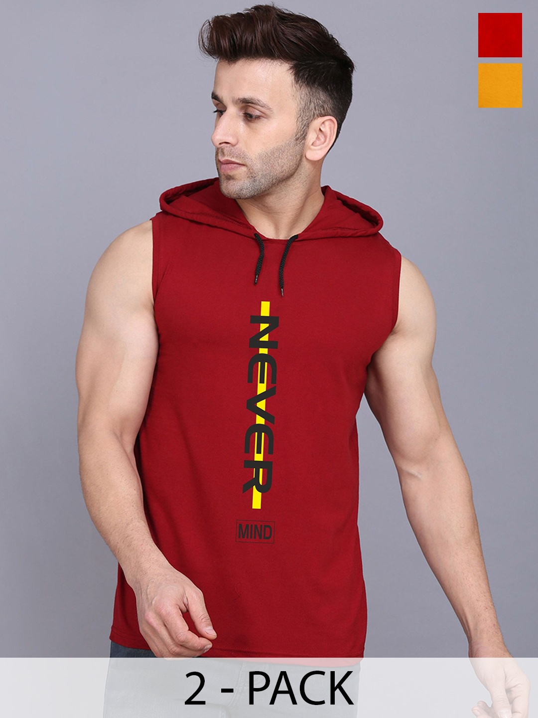 

SLOWLORIS Pack Of 2 Printed Hooded Gym Vest SL28 COMBO (KEEP MUSTARD) (NVR MAROON)