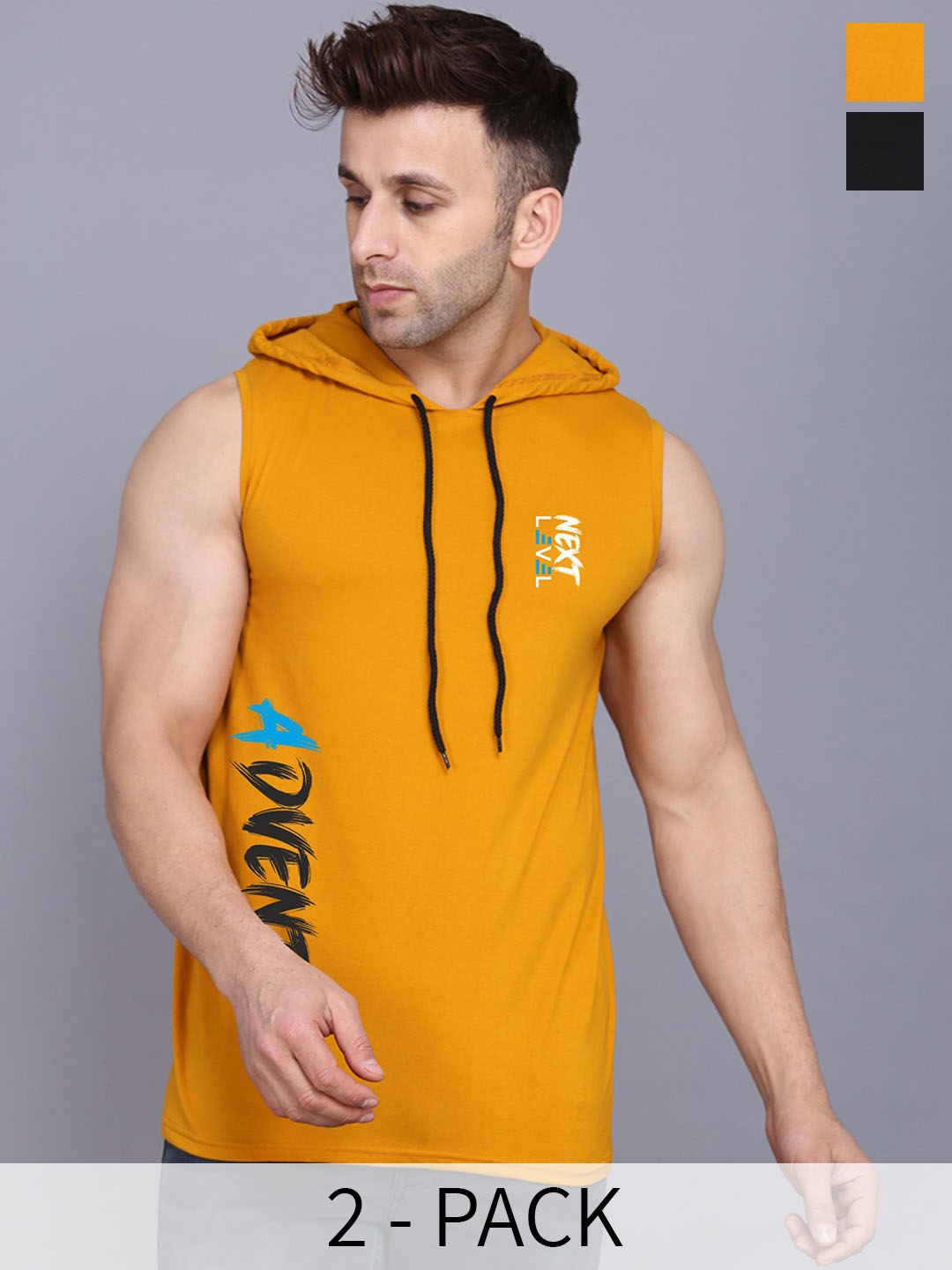 

SLOWLORIS Pack of 2 Hooded Sleeveless Gym Vest SL28 COMBO (KEEP BLACK) (ADV MUSTARD)