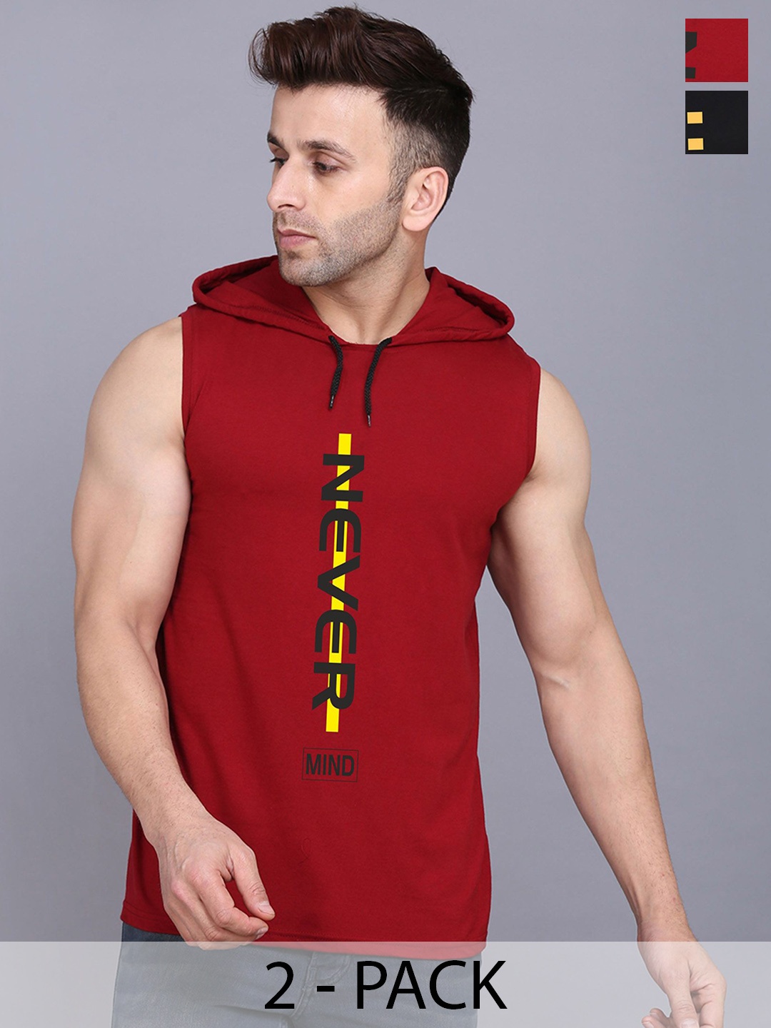 

SLOWLORIS Pack Of 2 Printed Hooded Gym Vests SL28 COMBO (KEEP BLACK) (NVR MAROON)