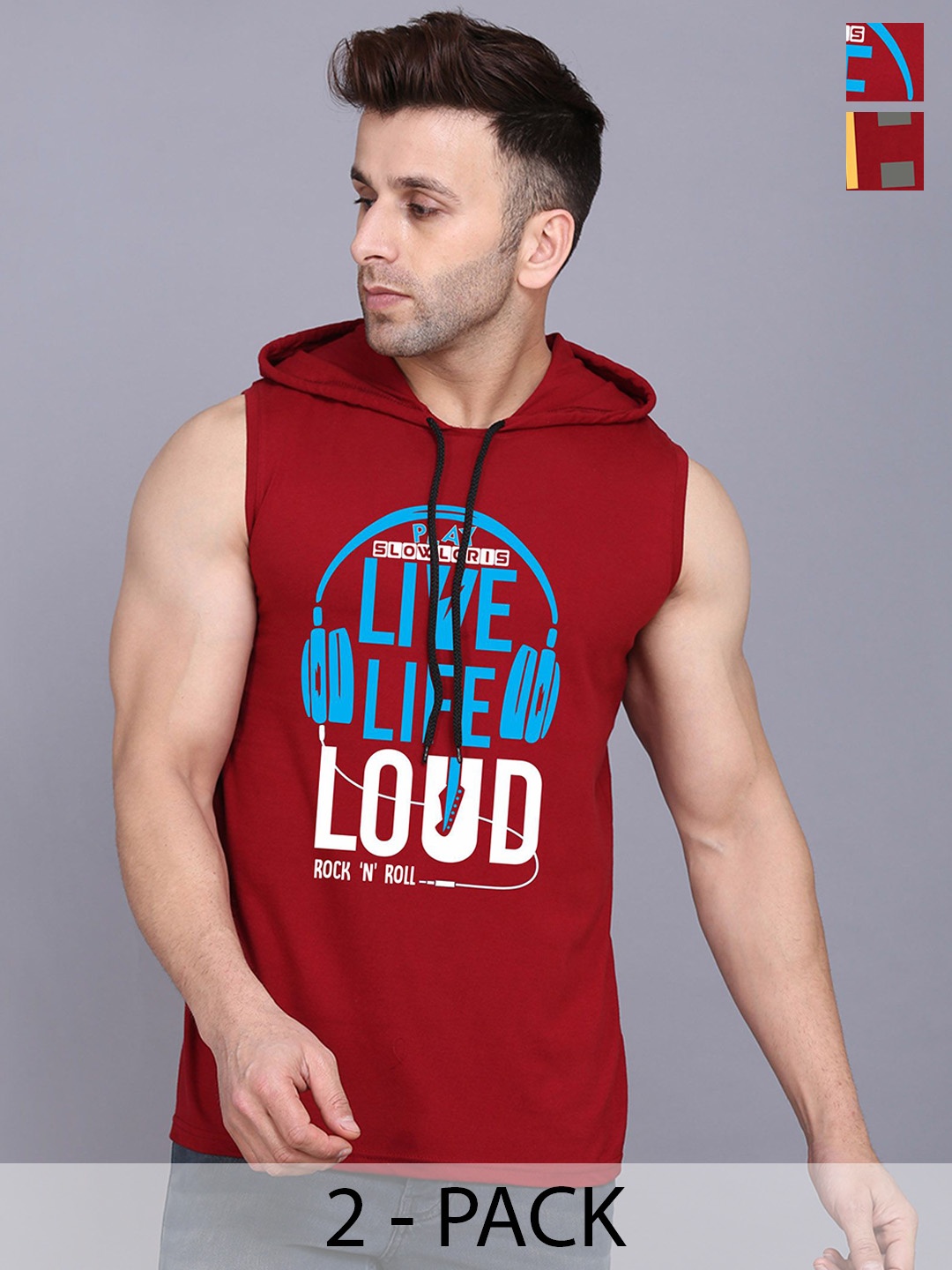 

SLOWLORIS Pack Of 2 Printed Hooded Gym Vests SL28 COMBO (KEEP MAROON) (LOUD MAROON)