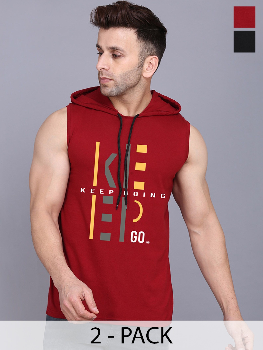 

SLOWLORIS Pack Of 2 Printed Hooded Gym Vests SL28 COMBO (KEEP MAROON) (NVR BLACK)