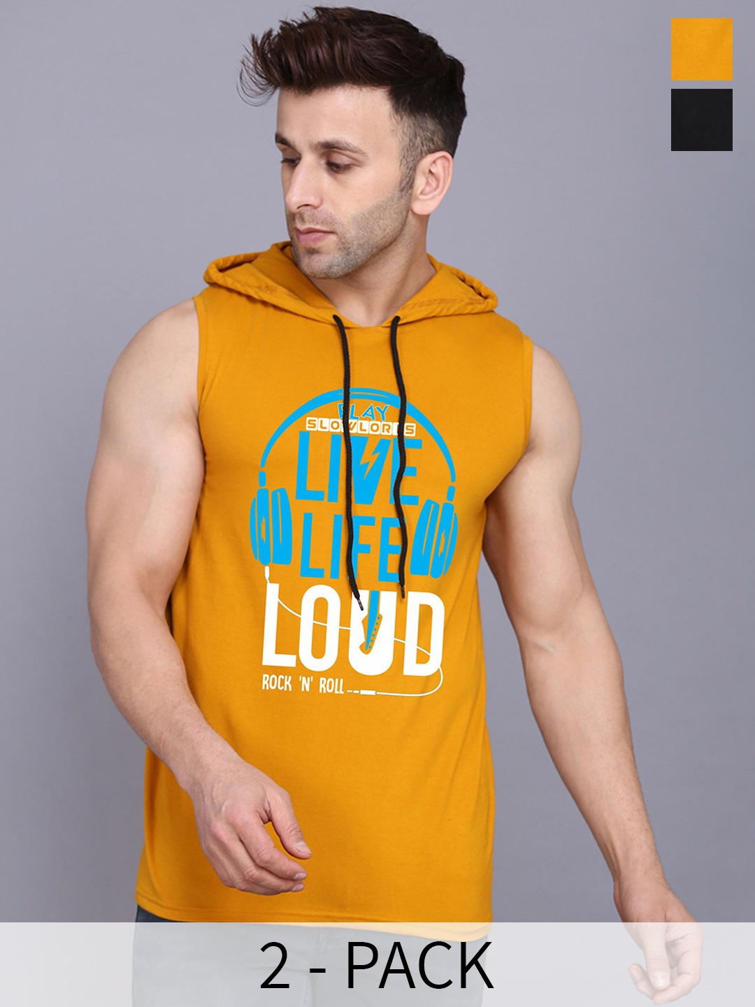 

SLOWLORIS Pack Of 2 Printed Hooded Gym Vests SL28 COMBO (KEEP BLACK) (LOUD MUSTARD)