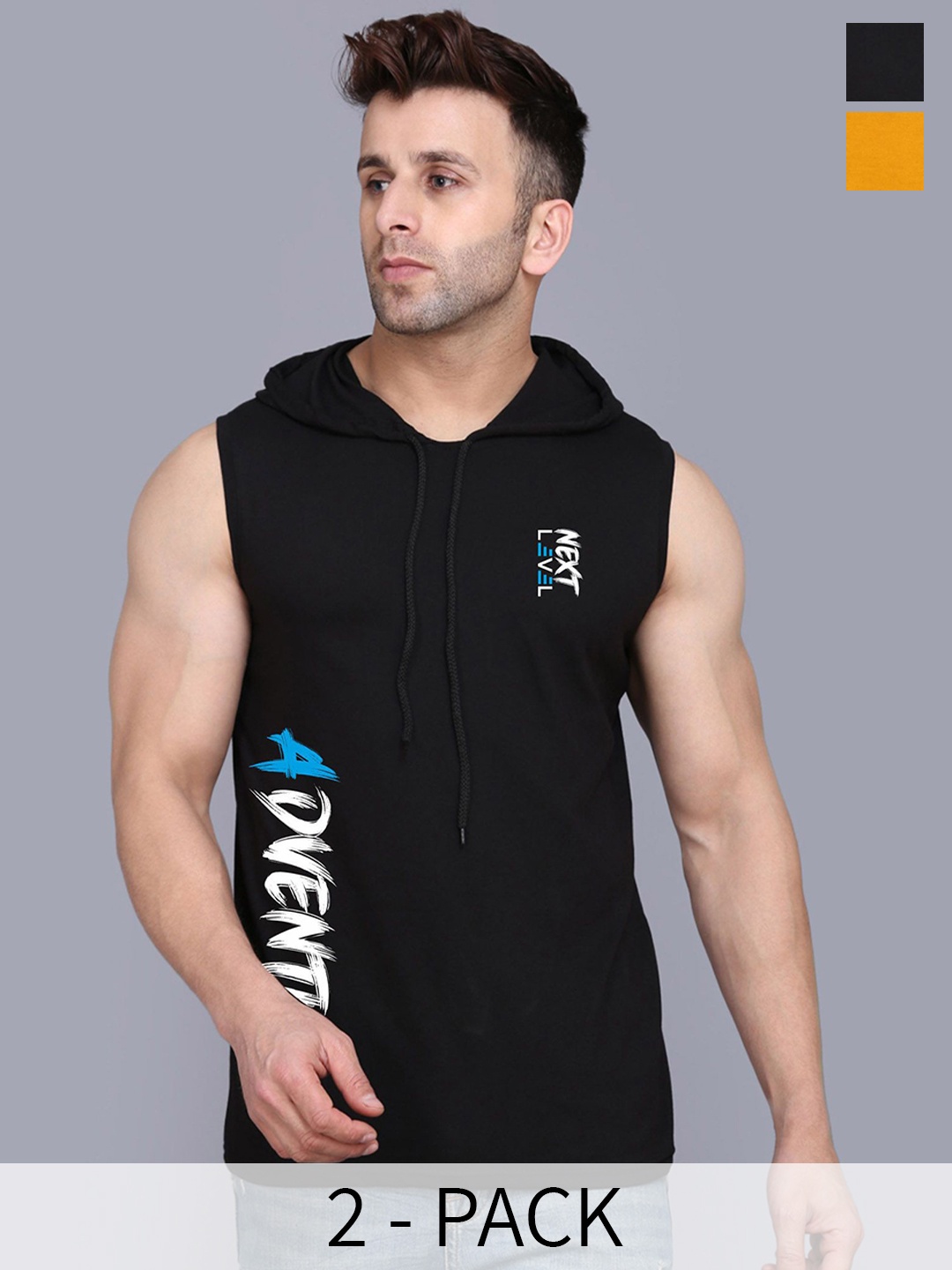 

SLOWLORIS Pack Of 2 Printed Hooded Gym Vests SL28 COMBO (KEEP MUSTARD) (ADV BLACK)