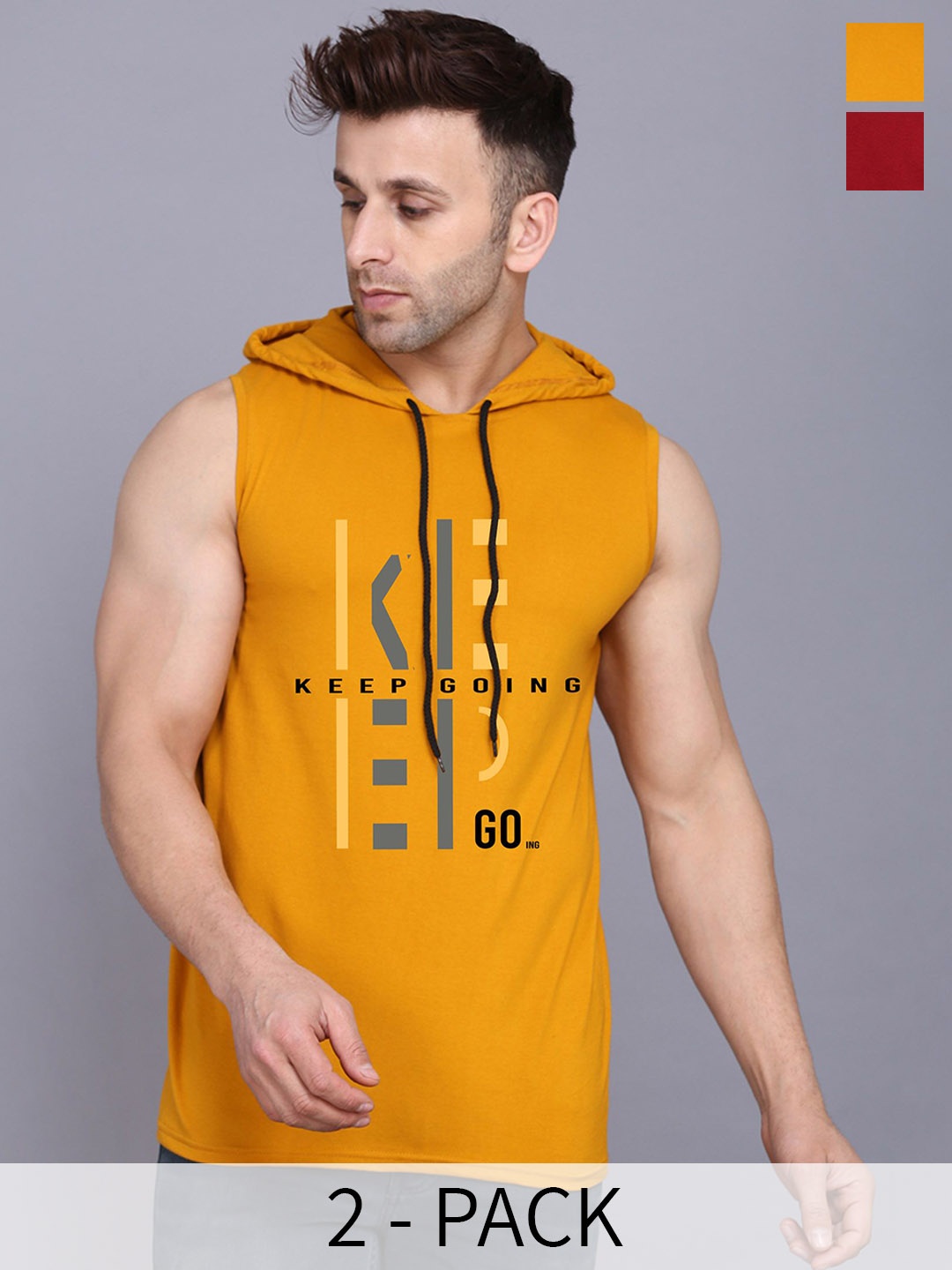 

SLOWLORIS Pack Of 2 Printed Hooded Gym Vests SL28 COMBO (KEEP MUSTARD) (LOUD MAROON)