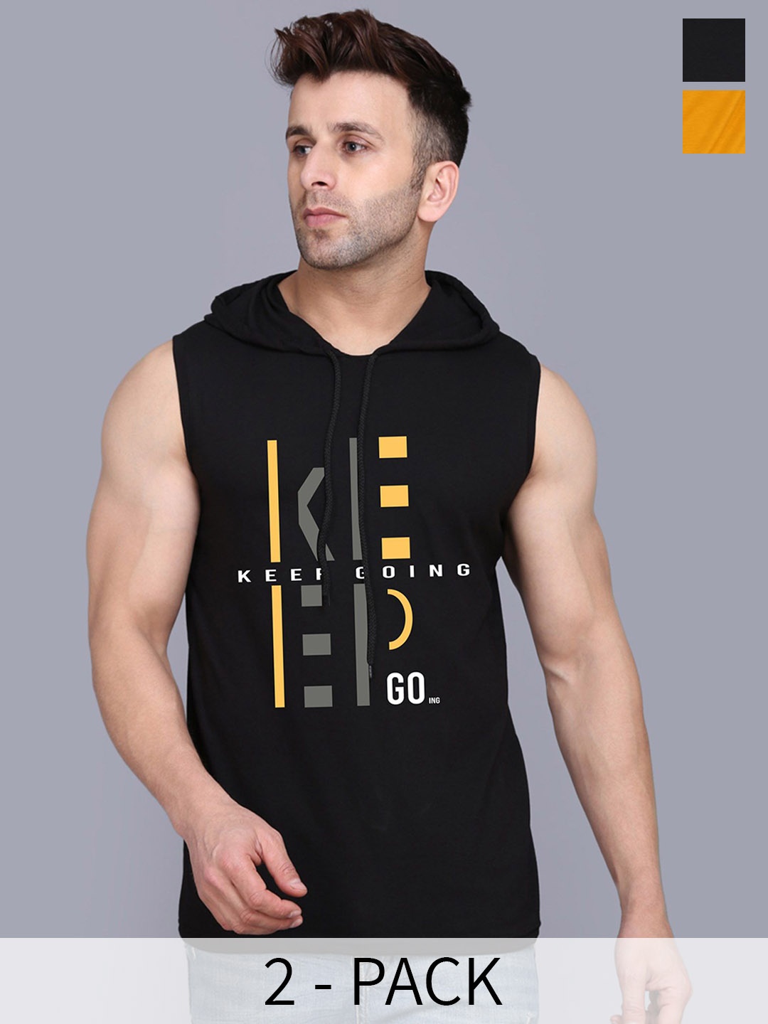

SLOWLORIS Pack Of 2 Printed Hooded Gym Vests SL28 COMBO (KEEP BLACK) (JUST MUSTARD)
