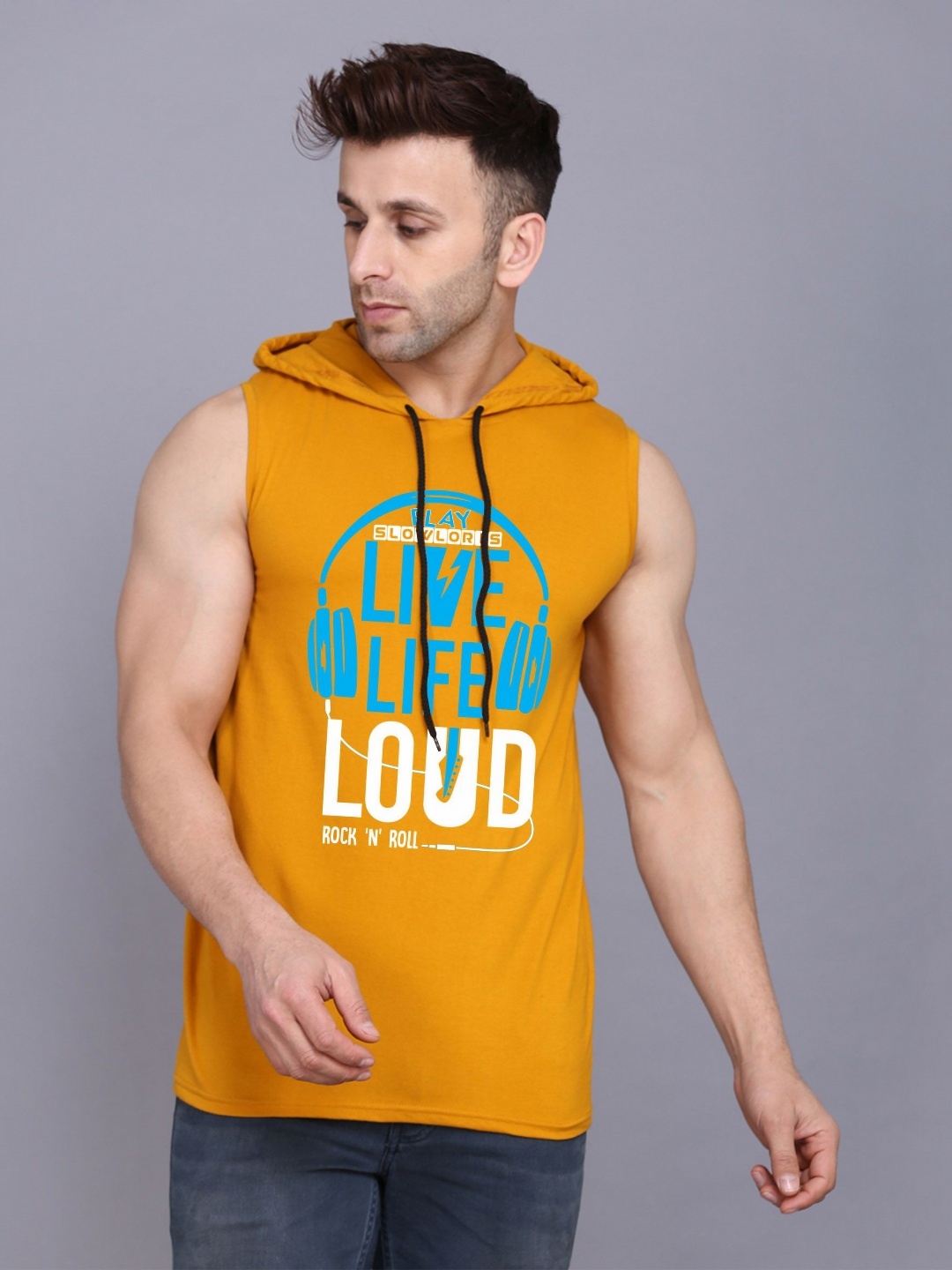 

SLOWLORIS Men Varsity 2 Hooded Applique T-shirt, Mustard