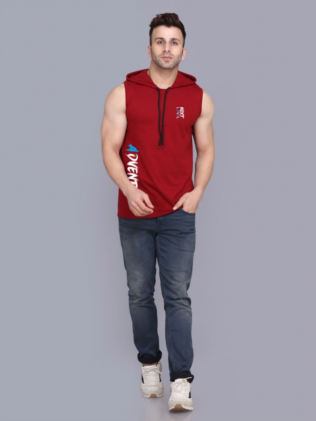 SLOWLORIS Men Typography 2 Hooded Applique T-shirt, Maroon
