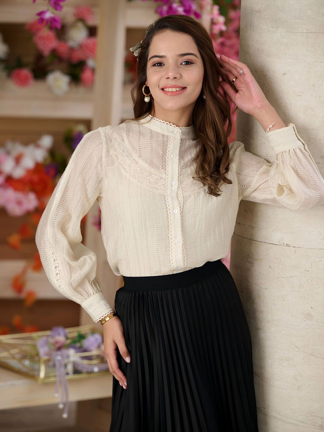 

Madame Striped Mandarin Collar Top, Beige