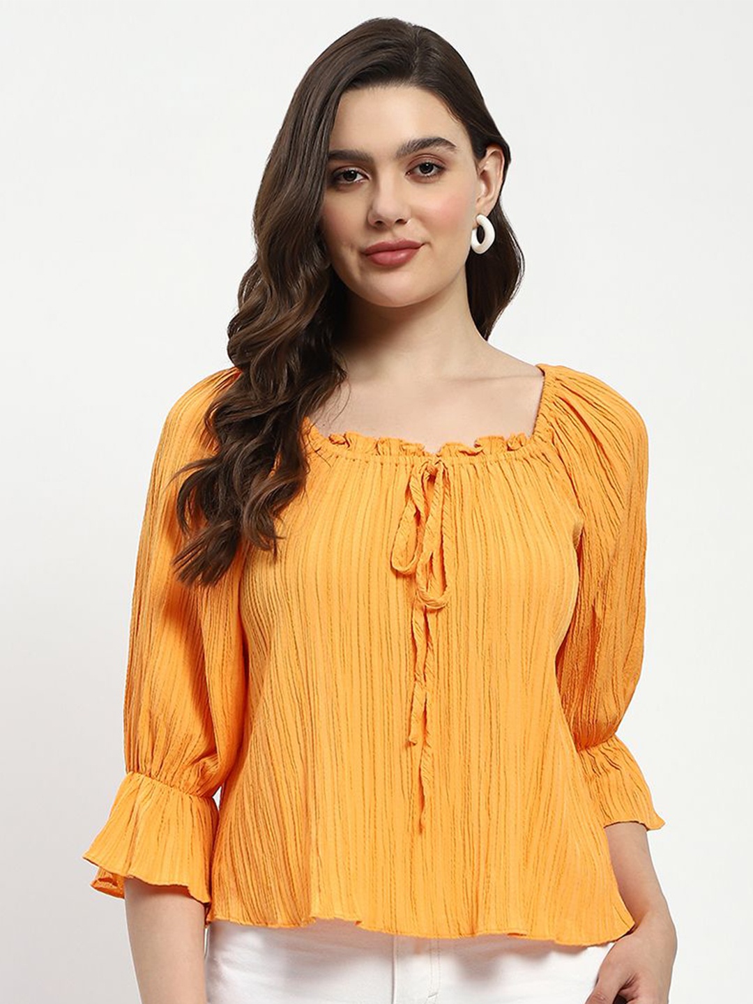 

Madame Striped Tie-Up Neck Bell Sleeve Cotton Top, Orange