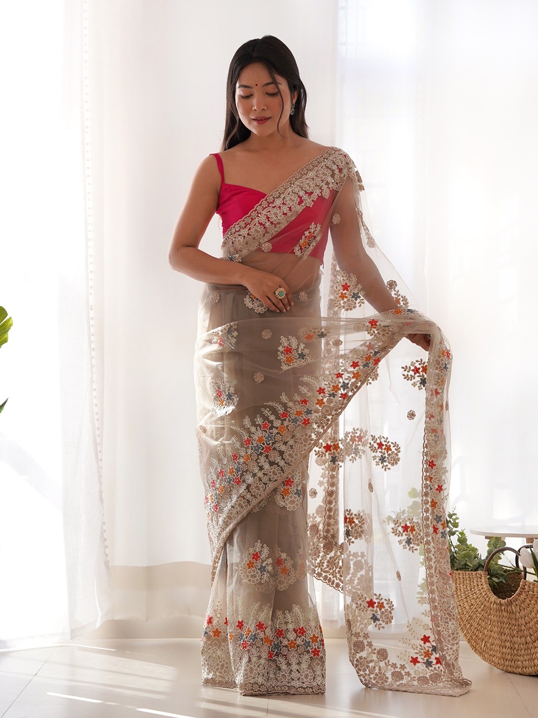 

Munir Floral Beads and Stones Net Saree, Beige