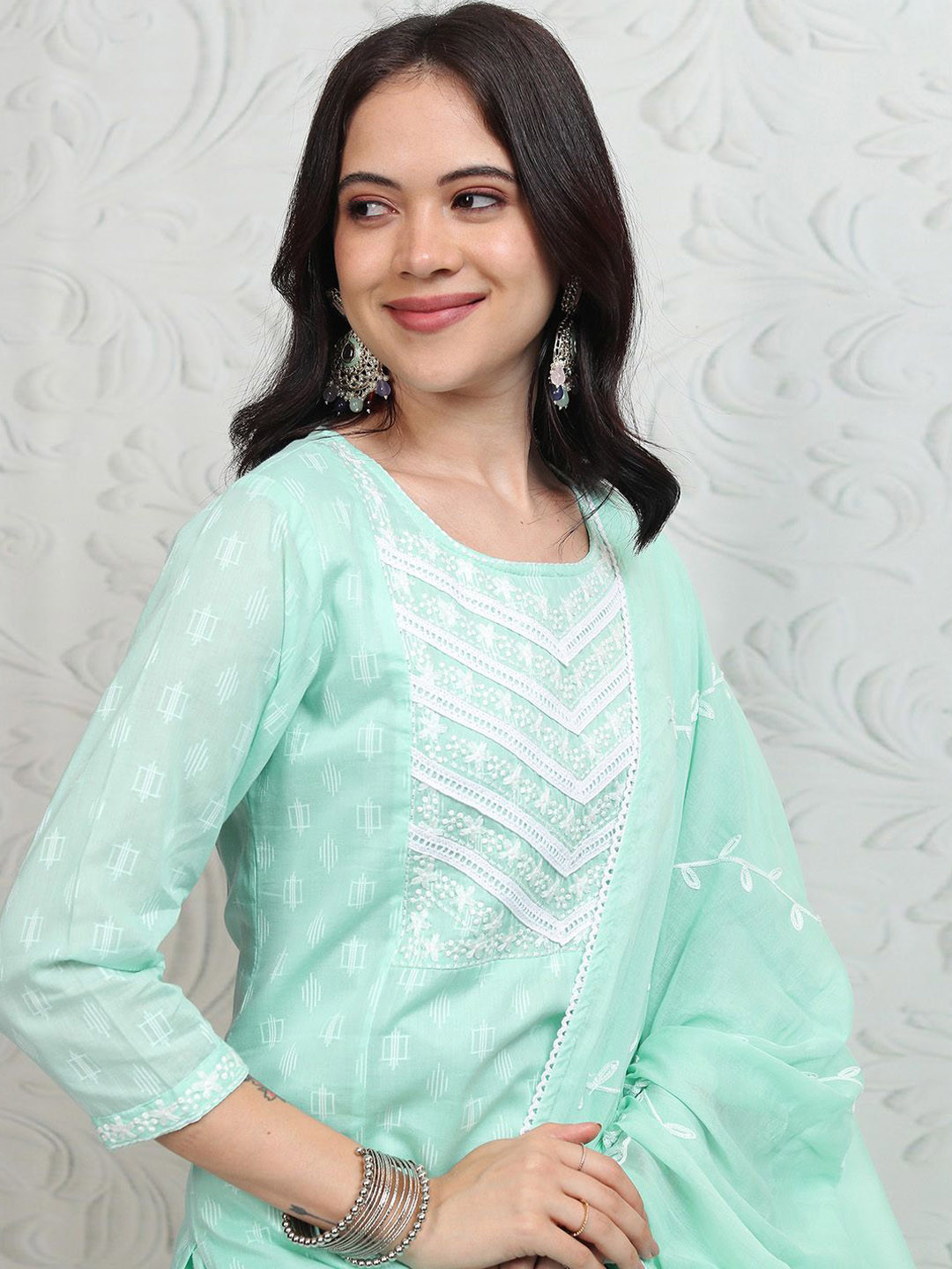 

Vishudh Women Printed Regular Thread Work Pure Cotton Kurta with Trousers & With Dupatta, Blue