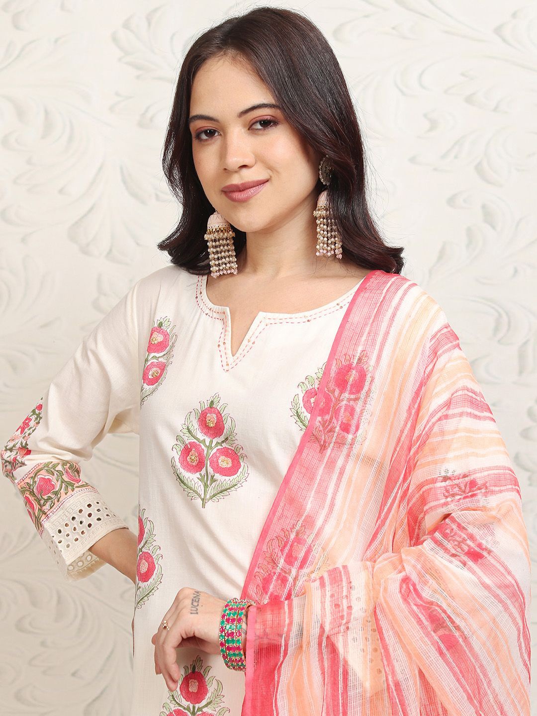 

Vishudh Women Floral Printed Regular Sequinned Pure Cotton Kurta with Trousers & With Dupatta, White
