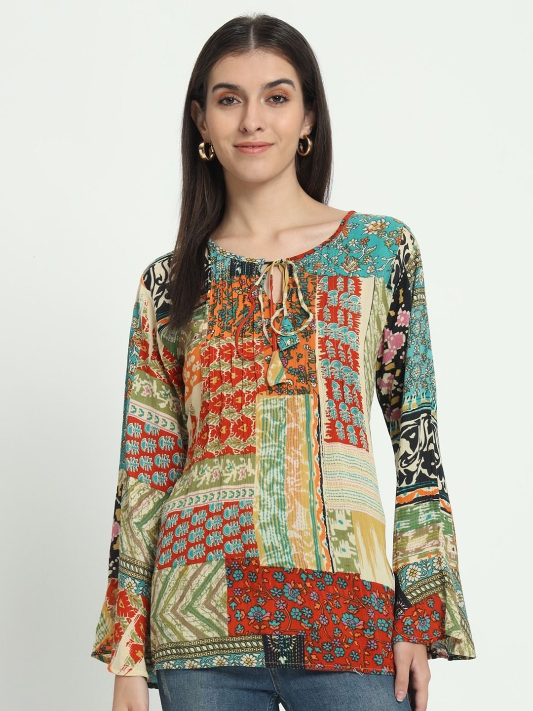 

VELDRESS Print Tie-Up Neck Bell Sleeve Top, Green