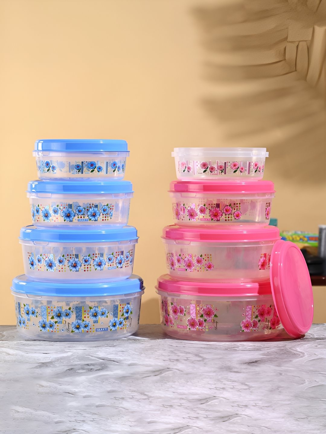 

Kuber Industries 8 Pcs Pink & Blue Printed Containers -1L-2L-3L-4L