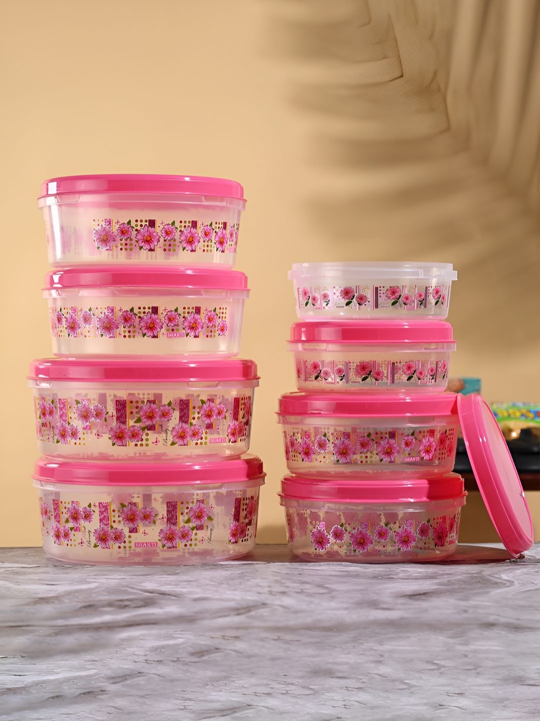 

Kuber Industries 8 Pcs Pink Printed Plastic Storage Containers- 1000, 2000, 3000, 4000 ML