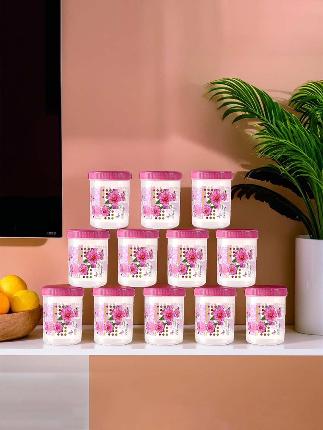 

Kuber Industries 12 Pcs Pink Printed Storage Containers With Spoon-500ml Each