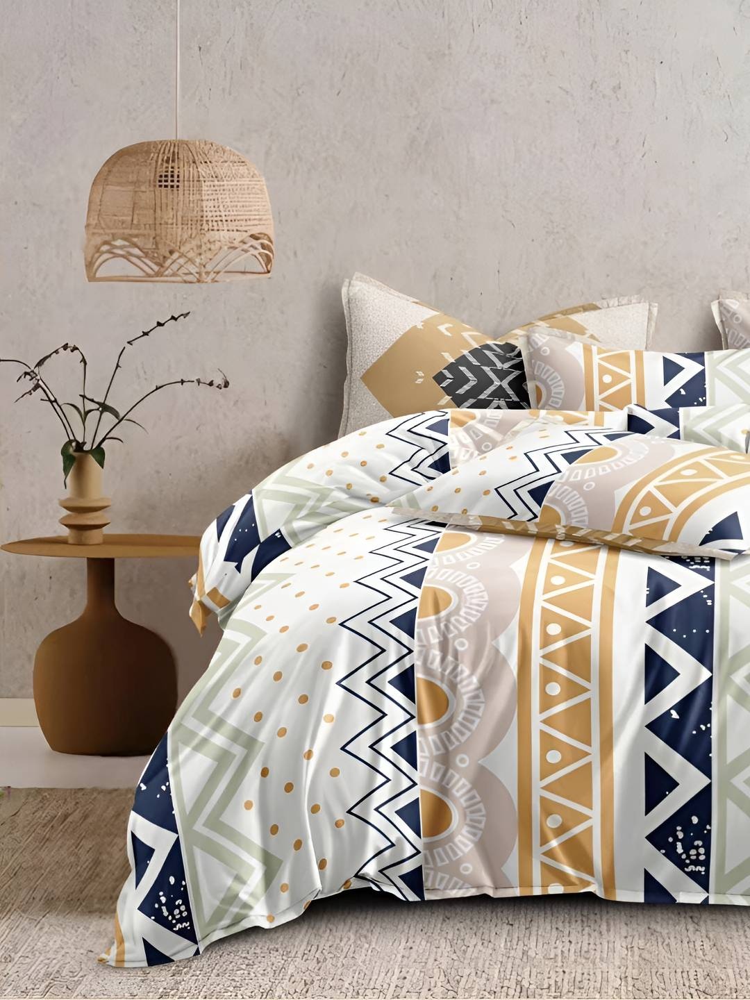 

Bajo's White & Blue Geometric 350 TC King Bedsheet with 2 Pillow Covers