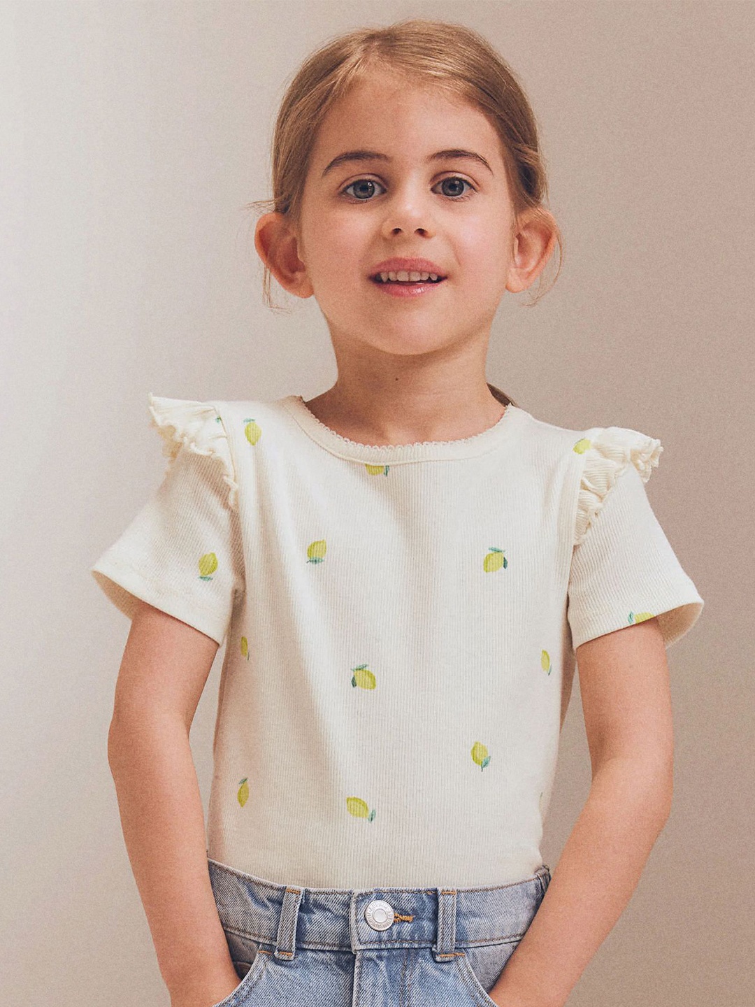 

H&M Girls Frill-Trimmed Ribbed T-shirt, White