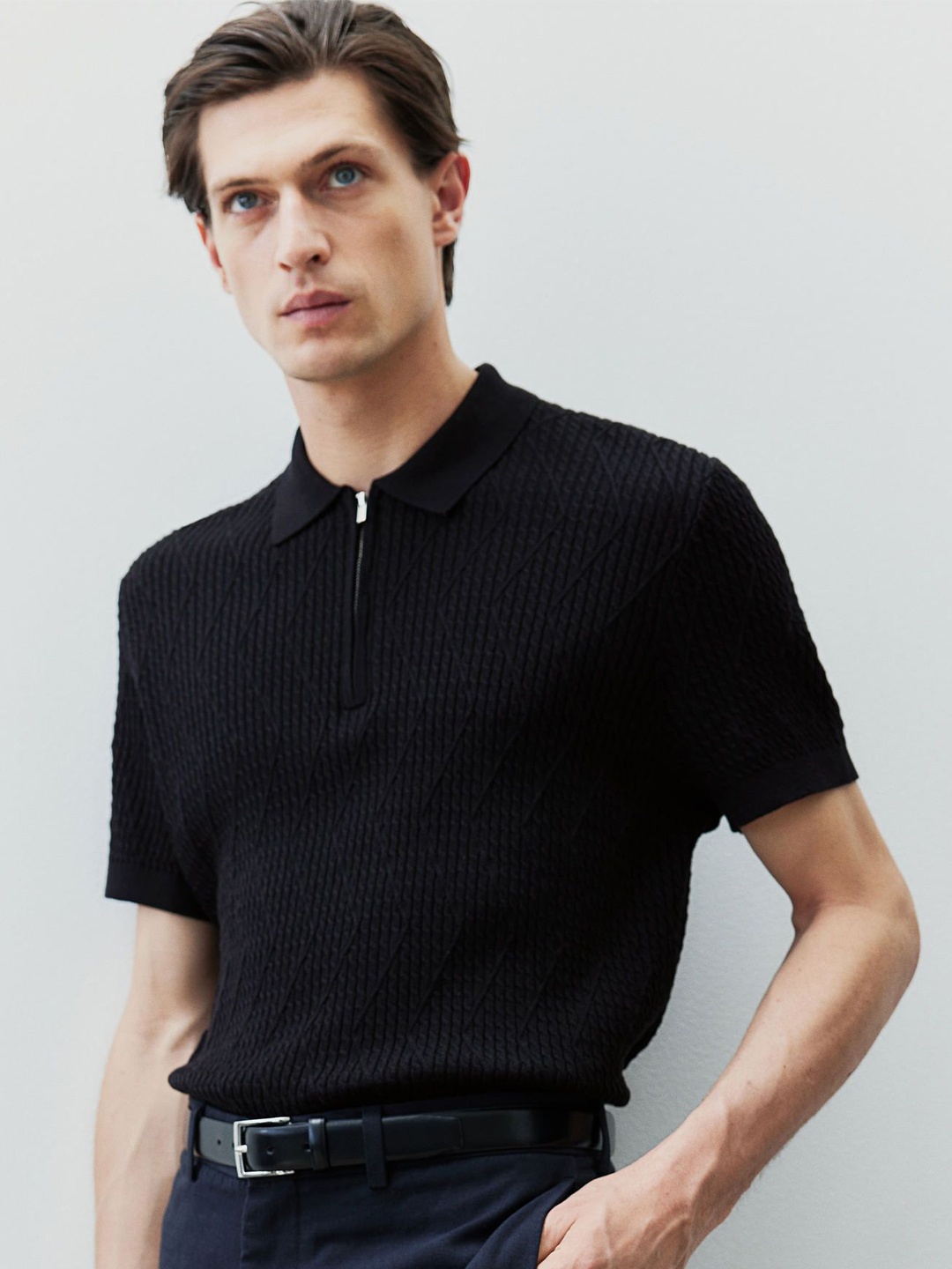 

H&M Slim Fit Cable-Knit Polo Shirt, Black