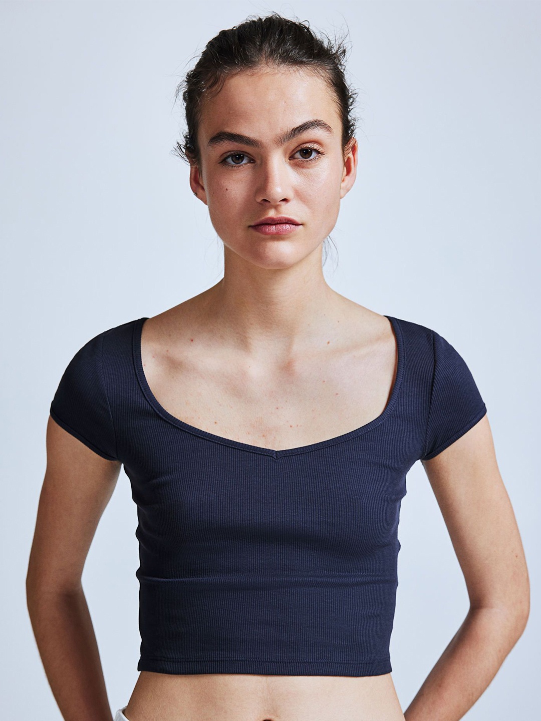 

H&M Ribbed Sweetheart-Neck T-Shirt, Blue