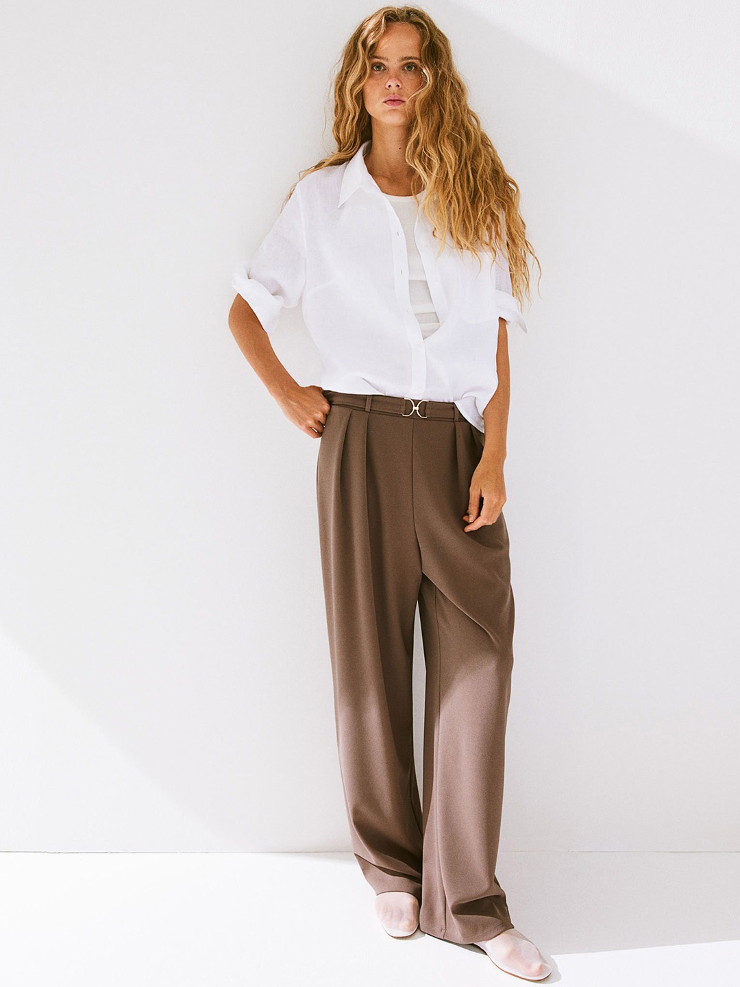 

H&M Buckle-Detail Tailored Trousers, Beige