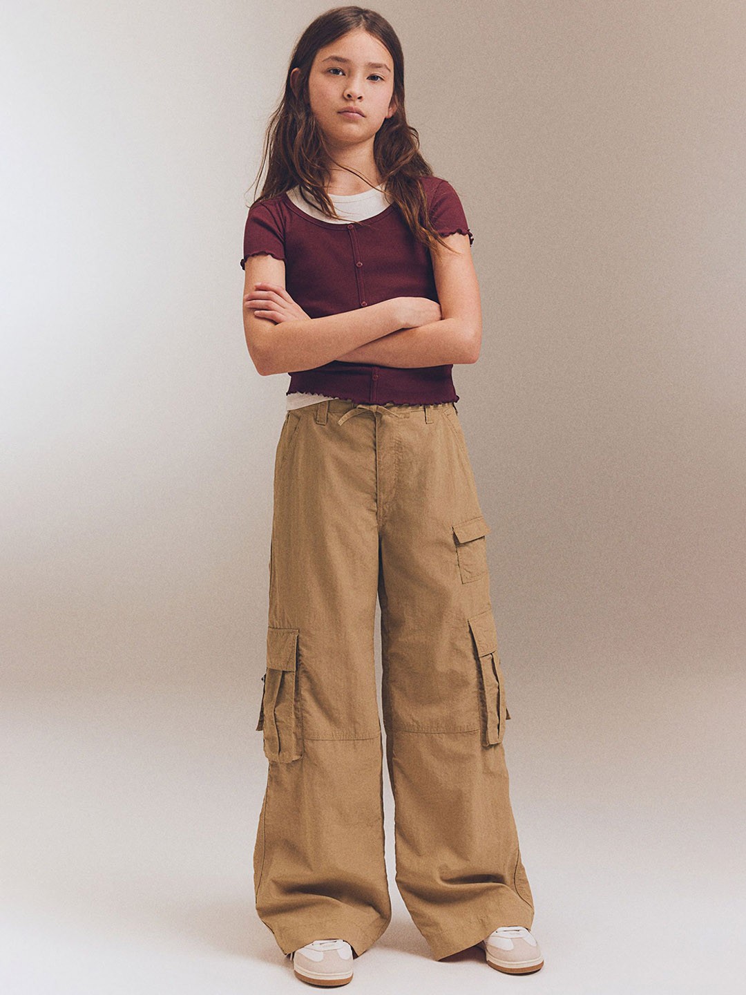 

H&M Girls Wide Cargo Trousers, Beige