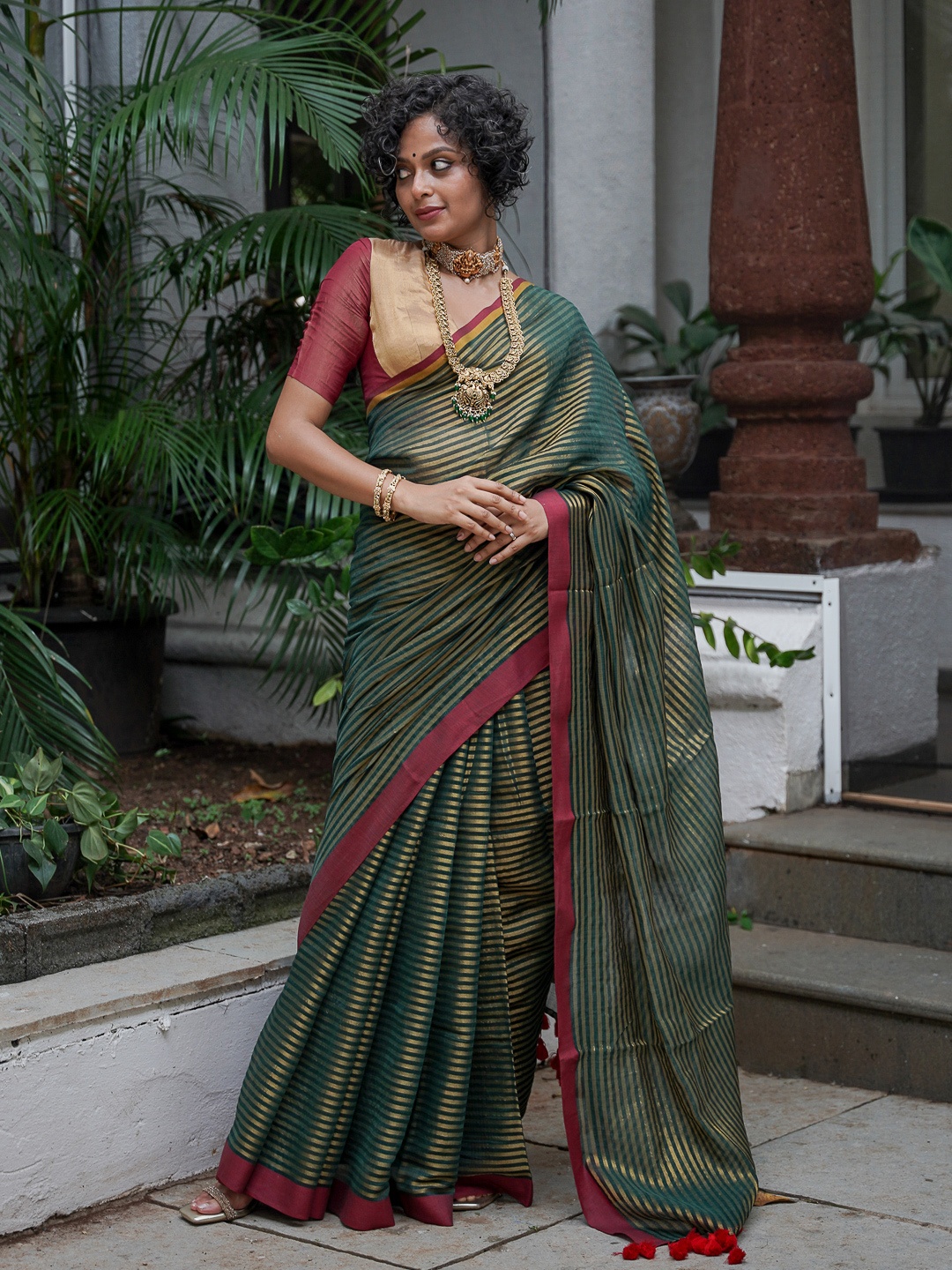 

Suta Striped Saree, Green