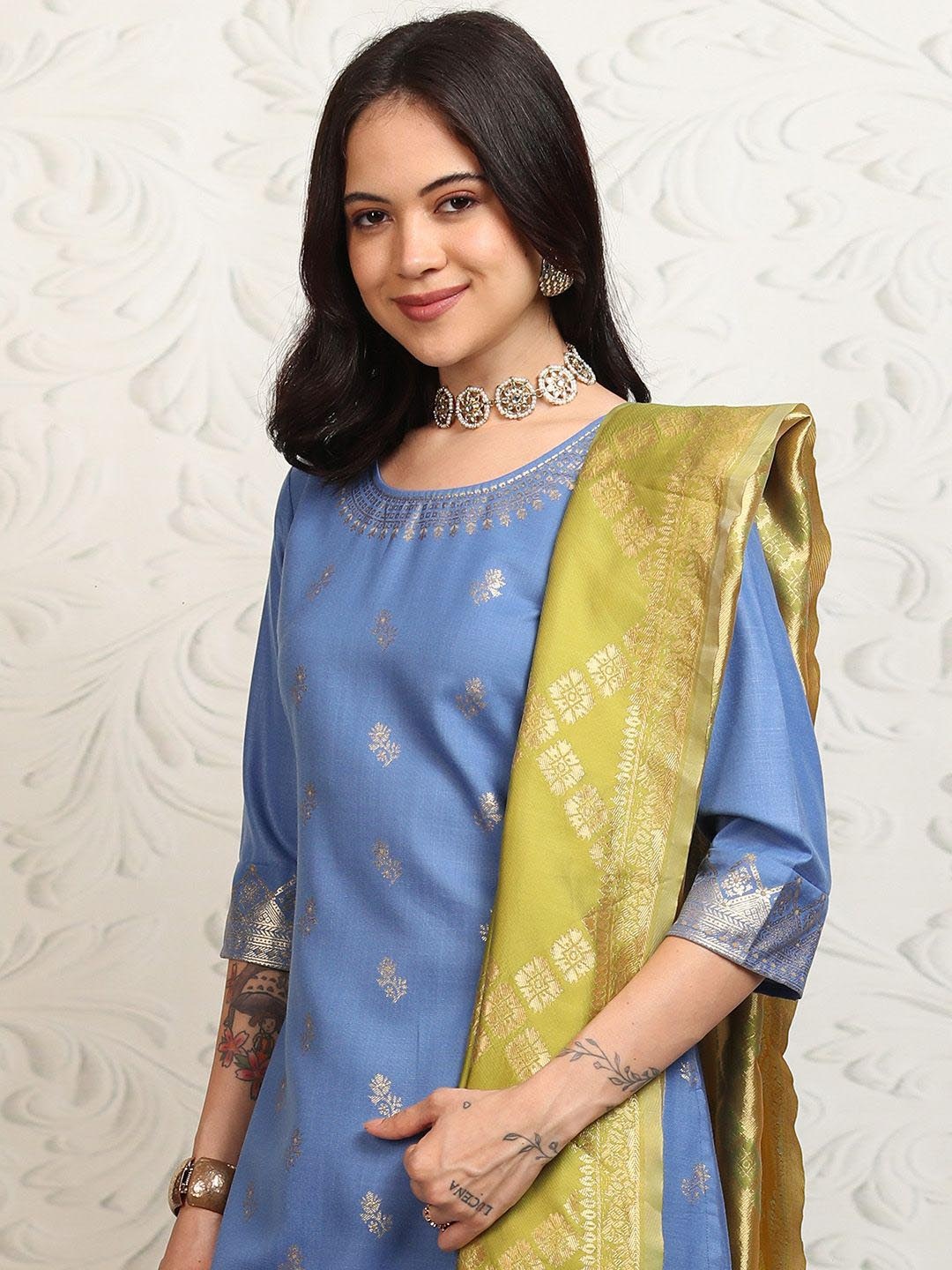 

Vishudh Women Ethnic Motifs Regular Kurta with Palazzos & With Dupatta, Blue