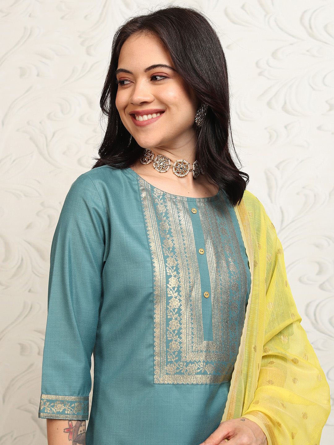 

Vishudh Women Ethnic Motifs Yoke Design Regular Kurta with Palazzos & With Dupatta, Turquoise blue