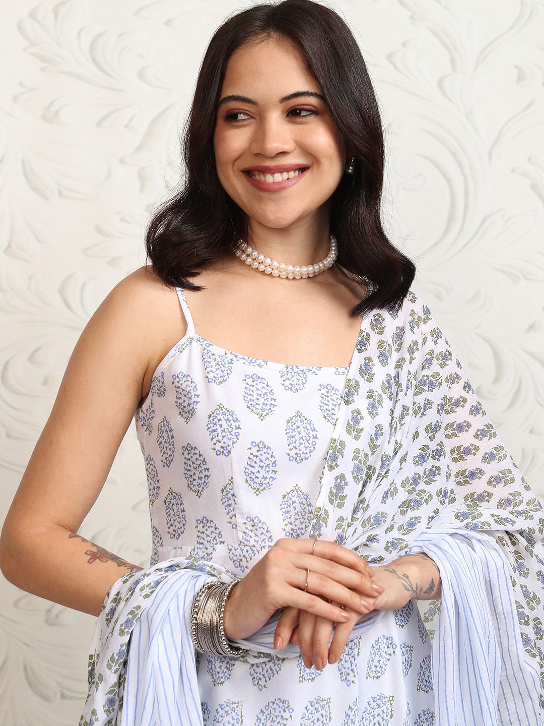 

Vishudh Women Ethnic Motifs Printed Regular Pure Cotton Kurta with Trousers & With Dupatta, White
