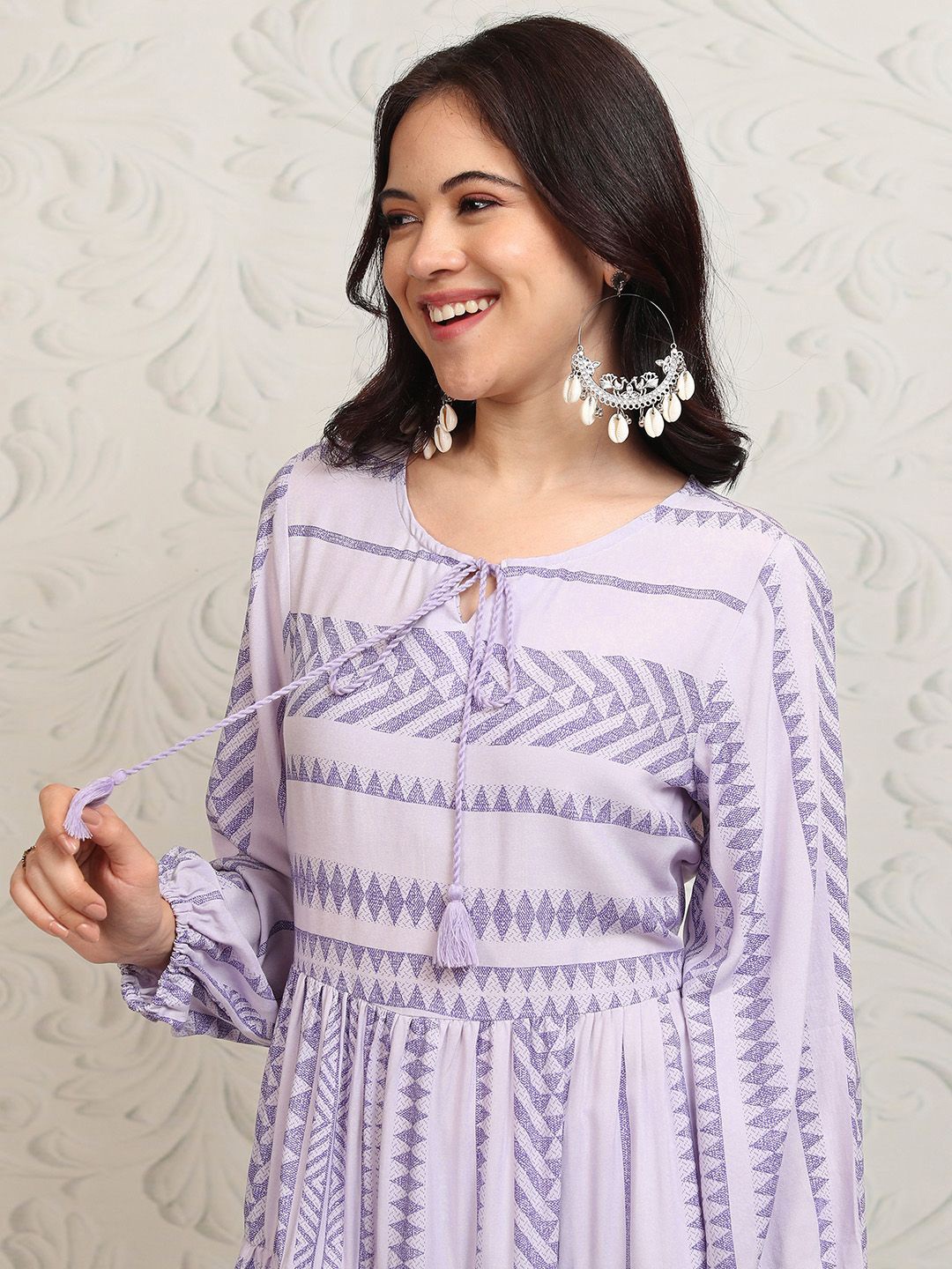 

Vishudh Print Tie-Up Neck Bell Sleeve Fit & Flare Midi Dress, Purple