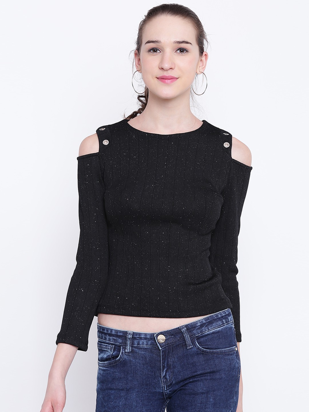 

Madame Women Black Self-Striped Crop Fitted Top