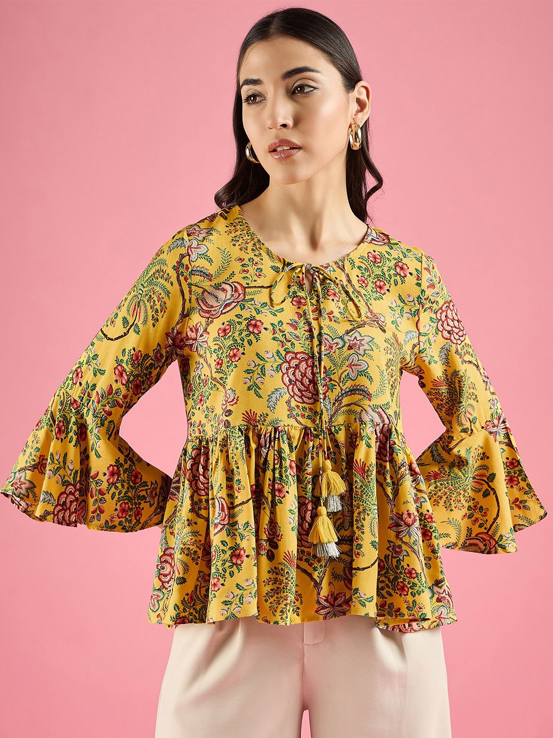 

DressBerry Floral Print Tie-Up Neck Bell Sleeve Top, Mustard