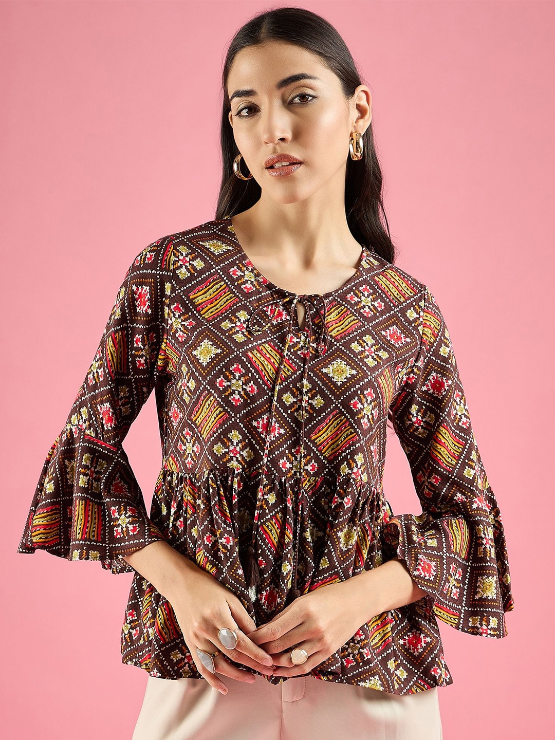 

DressBerry Geometric Print Bell Sleeve Peplum Top, Brown