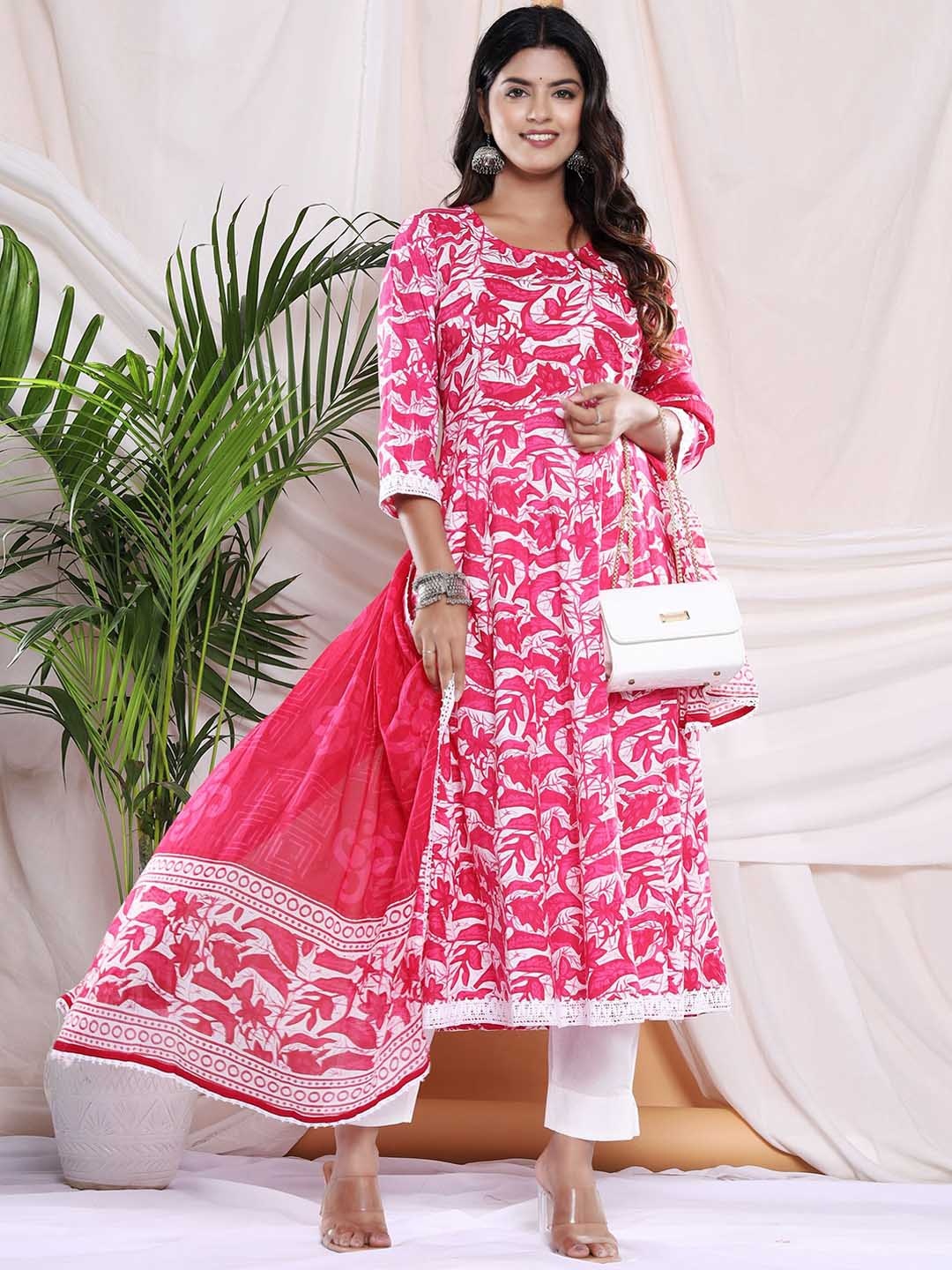 

PARTHVI Women Floral Printed Regular Thread Work Kurta with Trousers & With Dupatta, Pink