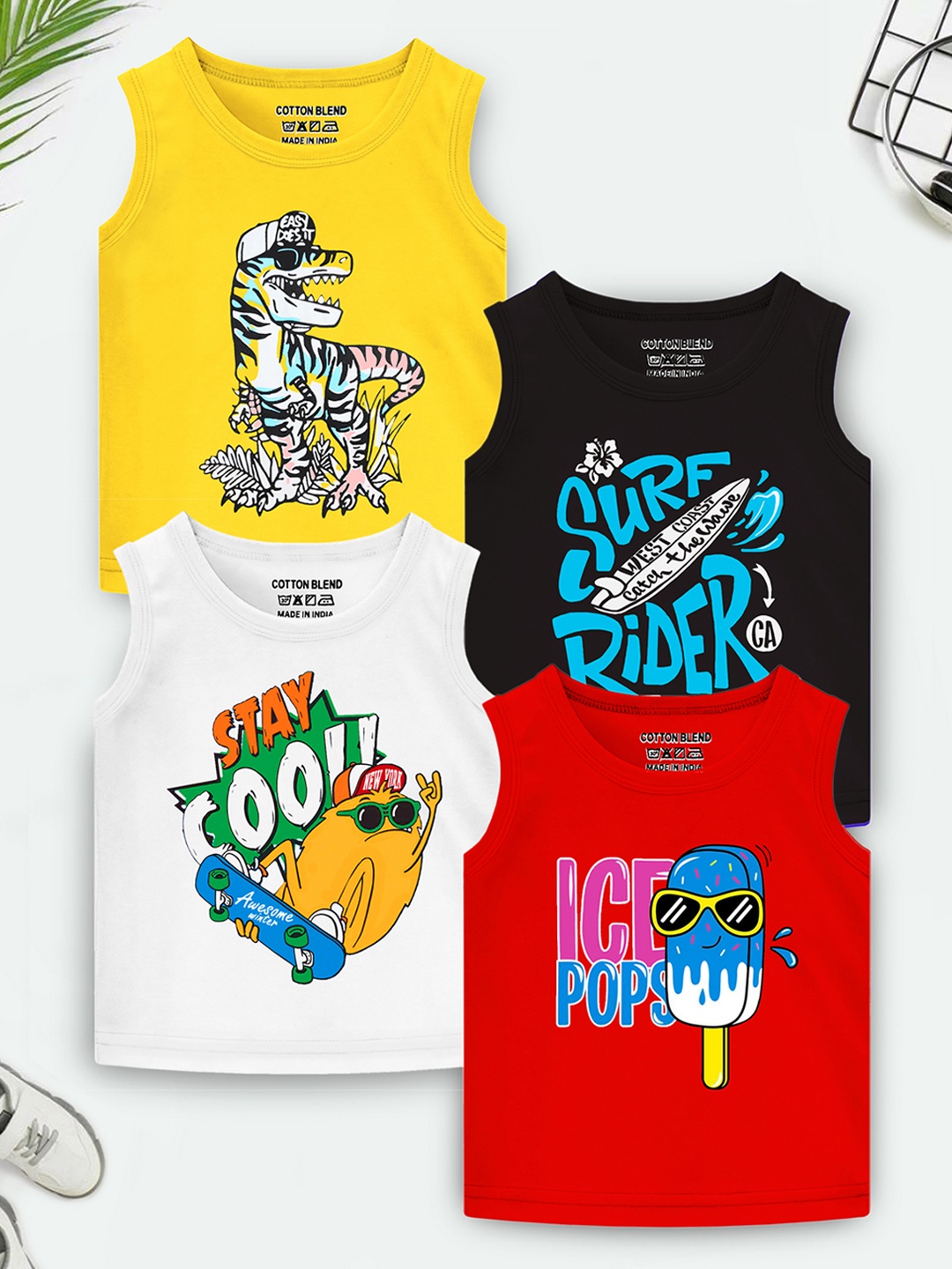 YK X Trampoline Boys Pack Of 4 Typography Printed T-shirt, Black