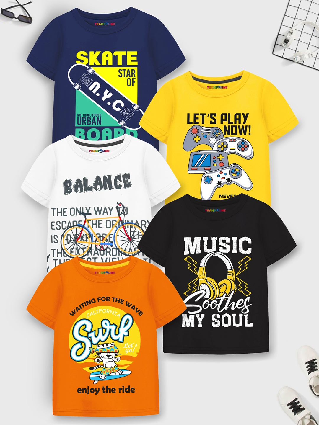

YK X Trampoline Boys Pack Of 5 Graphic Printed Cotton Cotton T-shirt, Yellow