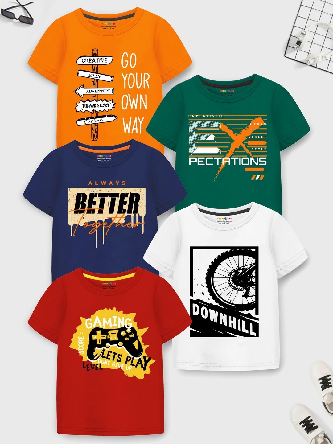 YK X Trampoline Boy Pack Of 5 Printed T-shirts, Blue