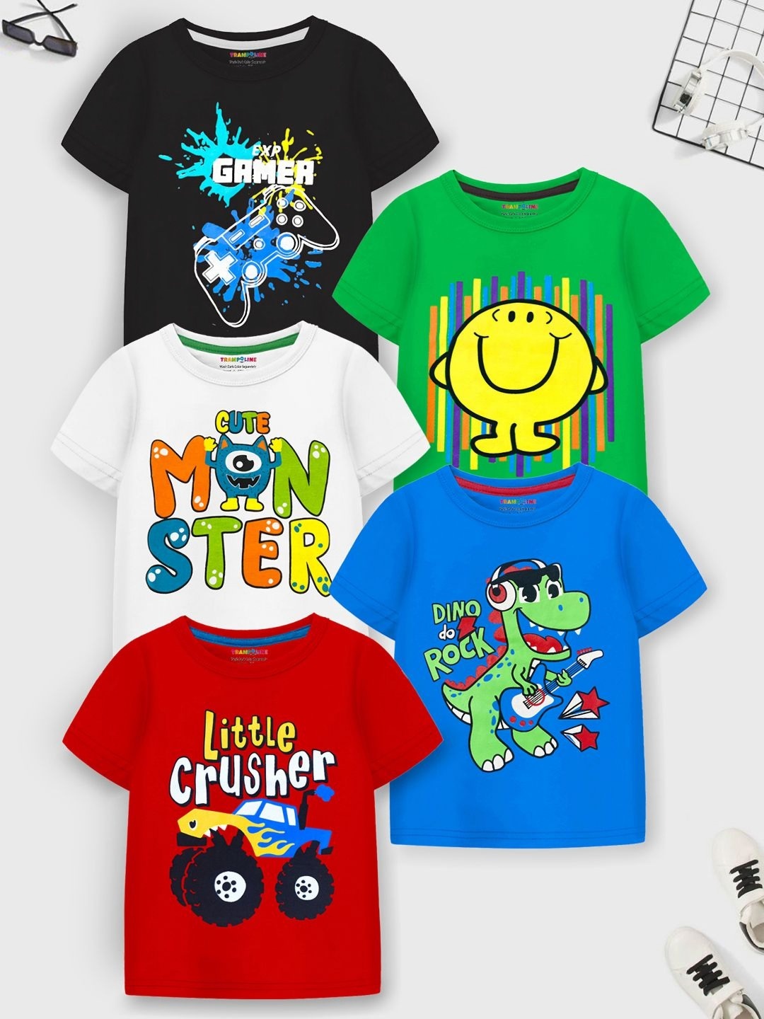 

YK X Trampoline Boys Pack Of 5 Printed Round Neck T-shirts, Black