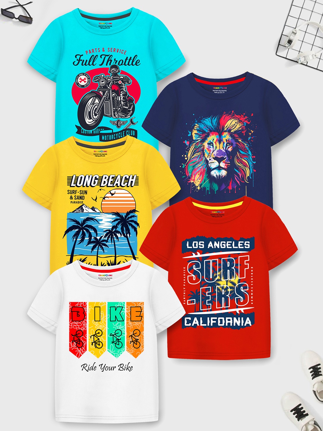 YK X Trampoline Pack Of 5 Boys Typography Printed T-shirt, Blue