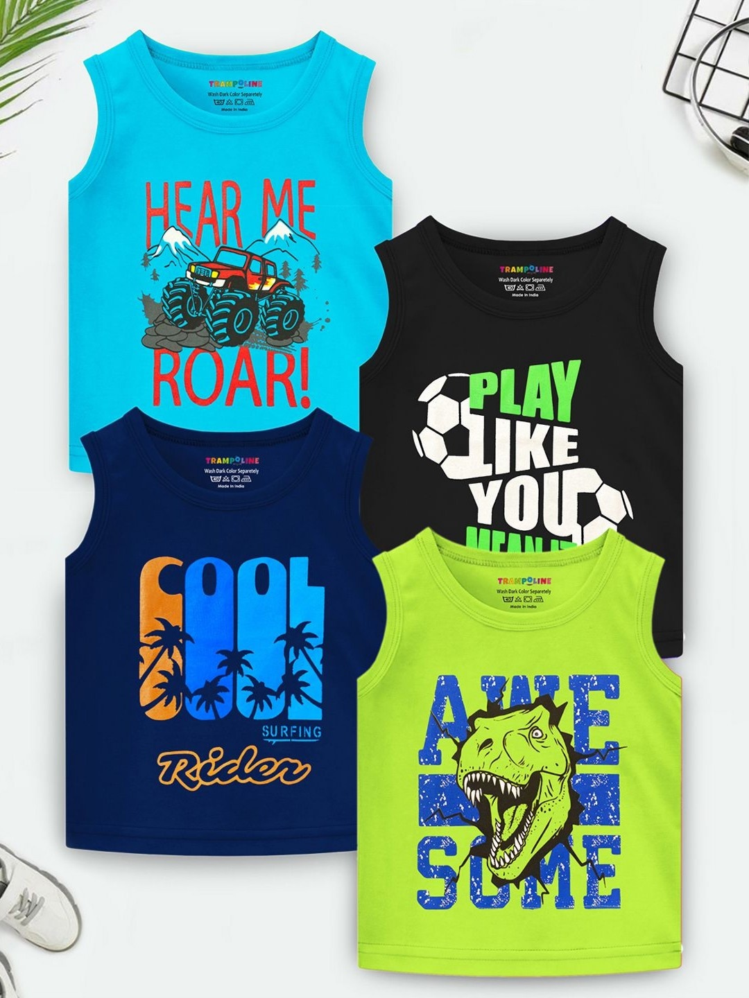 YK X Trampoline Boys Pack Of 4 Typography Printed Cotton T-shirt, Black