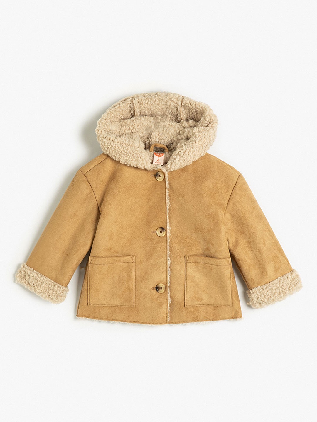 

Koton Girls Checked Polyester Longline Parka Jacket, Camel brown