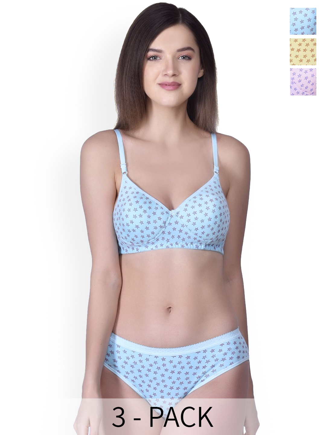

R Cube Pack Of 3 Lightly-Padded Lingerie Set RC_P3_Set_Star_30, Blue